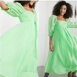 ASOS Light Green Midi Dress with Puff Sleeves